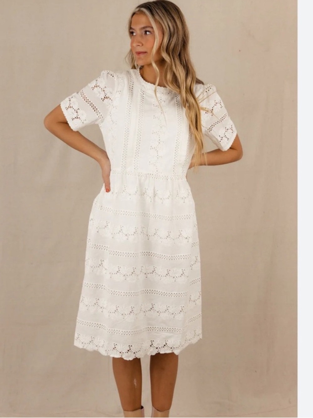 Roolee Eyelet Lace Cotton Prairie Midi Dress Short Sleeve Romantic Small